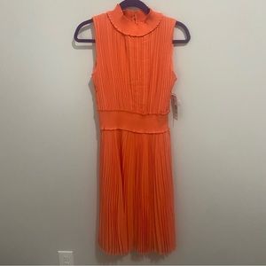 Nanette Lepore Pleated High Neck Coral Pink Orange Day Dress